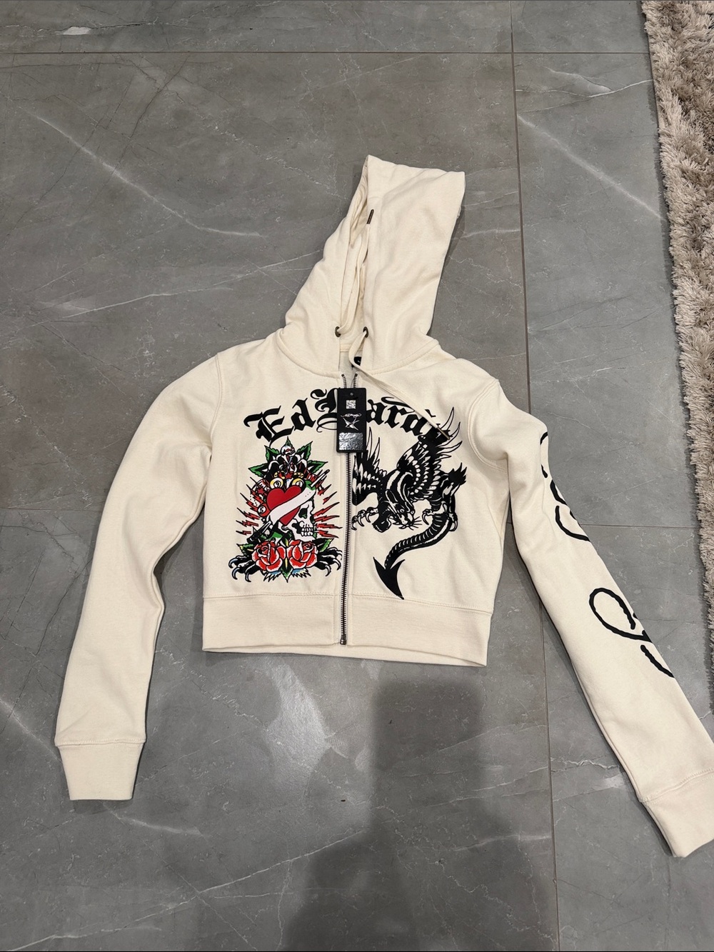 Ed Hardy Cream Zip Hoodie with Black Tattoo-Style Graphics